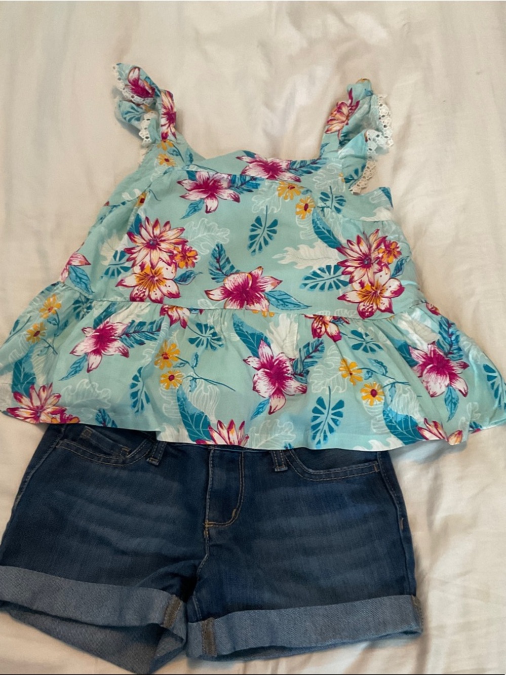 Haute Hippie Aqua Floral Ruffle Tank with Lace Straps and Denim Shorts